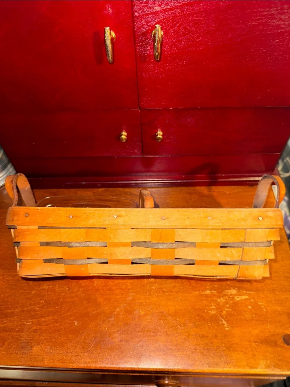 Vintage Loungaberger Handwoven Wood Basket Organizer in Light Brown
